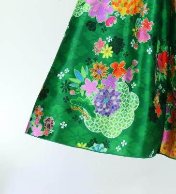 Japan Fabric Long Dress with Chrysanthemum & Plum Blossom & Cherry Blossom Print / Shantung / Green / JW003gr