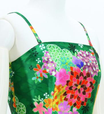 Japan Fabric Long Dress with Chrysanthemum & Plum Blossom & Cherry Blossom Print / Shantung / Green / JW003gr