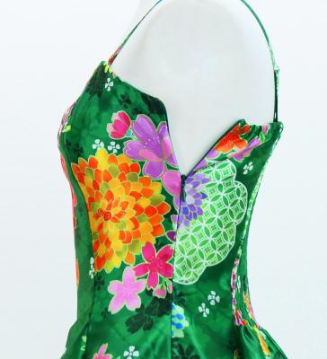 Japan Fabric Long Dress with Chrysanthemum & Plum Blossom & Cherry Blossom Print / Shantung / Green / JW003gr