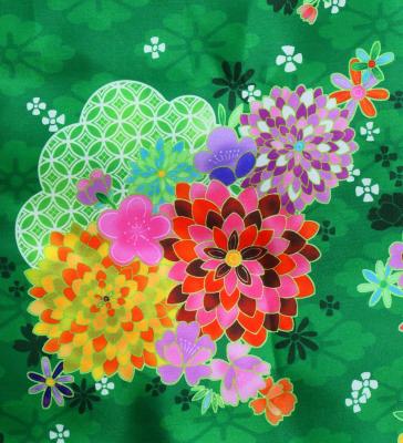 Japan Fabric Long Dress with Chrysanthemum & Plum Blossom & Cherry Blossom Print / Shantung / Green / JW003gr