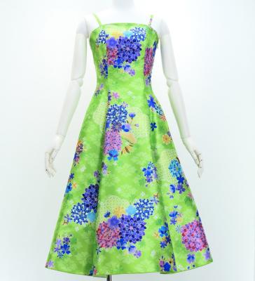 Japan Fabric Long Dress with Chrysanthemum & Plum Blossom & Cherry Blossom Print / Shantung / Light Green / JW003lgr