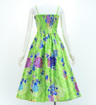 Japan Fabric Long Dress with Chrysanthemum & Plum Blossom & Cherry Blossom Print / Shantung / Light Green / JW003lgr