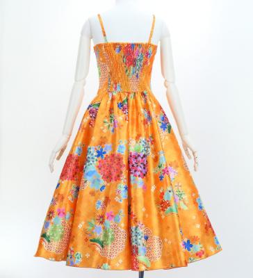 Japan Fabric Long Dress with Chrysanthemum & Plum Blossom & Cherry Blossom Print / Shantung / Orange / JW003or