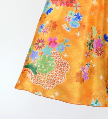 Japan Fabric Long Dress with Chrysanthemum & Plum Blossom & Cherry Blossom Print / Shantung / Orange / JW003or
