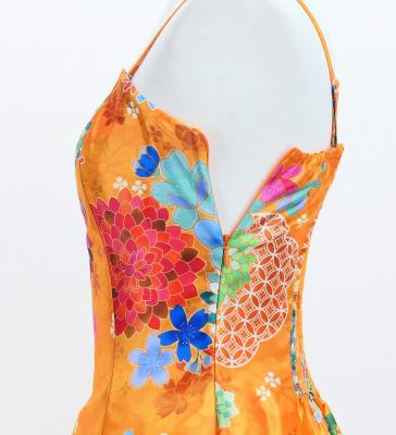 Japan Fabric Long Dress with Chrysanthemum & Plum Blossom & Cherry Blossom Print / Shantung / Orange / JW003or