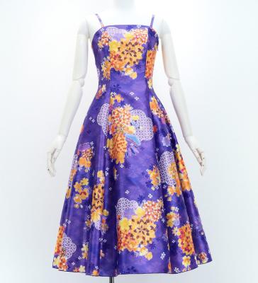 Japan Fabric Long Dress with Chrysanthemum & Plum Blossom & Cherry Blossom Print / Shantung / Purple / JW003pu