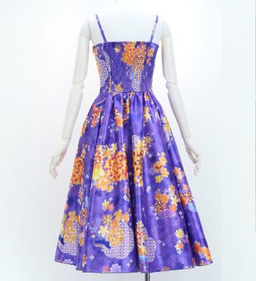 Japan Fabric Long Dress with Chrysanthemum & Plum Blossom & Cherry Blossom Print / Shantung / Purple / JW003pu