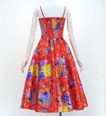 Japan Fabric Long Dress with Chrysanthemum & Plum Blossom & Cherry Blossom Print / Shantung / Red / JW003rd