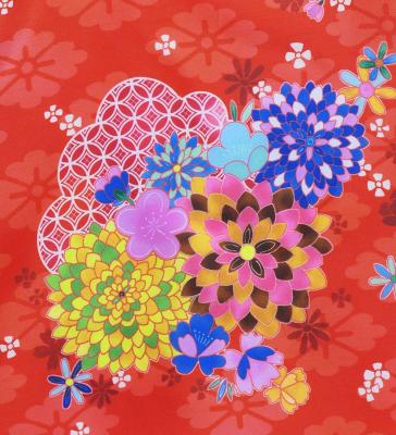 Kids Japan Fabric Long Dress with Chrysanthemum & Plum Blossom & Cherry Blossom Print / Shantung / Red / JWp003rd