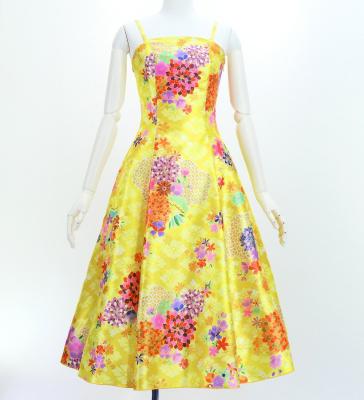Japan Fabric Long Dress with Chrysanthemum & Plum Blossom & Cherry Blossom Print / Shantung / Yellow / JW003ye