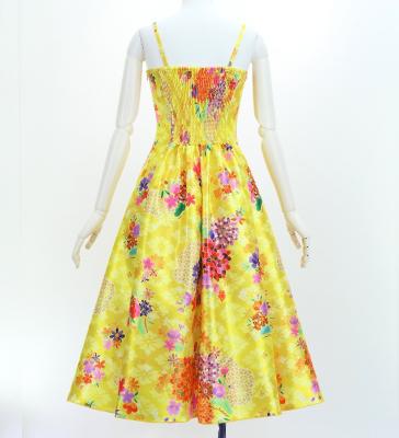 Japan Fabric Long Dress with Chrysanthemum & Plum Blossom & Cherry Blossom Print / Shantung / Yellow / JW003ye