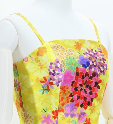 Japan Fabric Long Dress with Chrysanthemum & Plum Blossom & Cherry Blossom Print / Shantung / Yellow / JW003ye