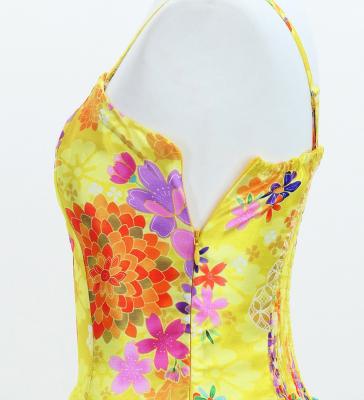 Japan Fabric Long Dress with Chrysanthemum & Plum Blossom & Cherry Blossom Print / Shantung / Yellow / JW003ye
