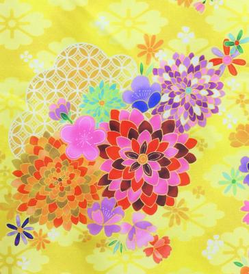 Japan Fabric Long Dress with Chrysanthemum & Plum Blossom & Cherry Blossom Print / Shantung / Yellow / JW003ye