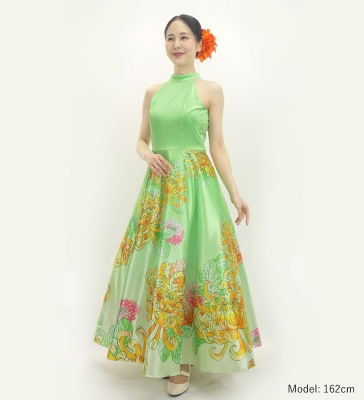 Japan Fabric American Armhole Long Dress with Chrysanthemum Print / Light Green / JW006lgr
