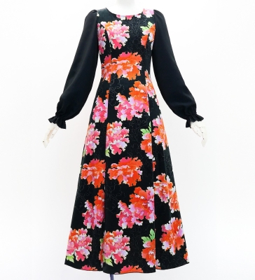 Japan Fabric Long Sleeve Dress with Peony Print / Black / JW007bk