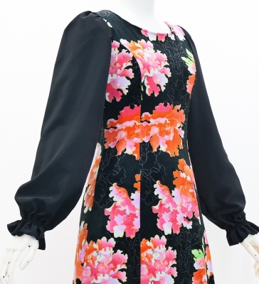 Japan Fabric Long Sleeve Dress with Peony Print / Black / JW007bk