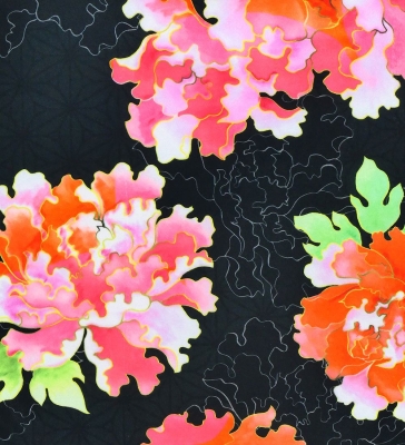 Japan Fabric Long Sleeve Dress with Peony Print / Black / JW007bk