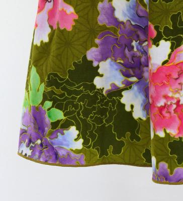 Japan Fabric Long Sleeve Dress with Peony Print / Khaki / JW007ka