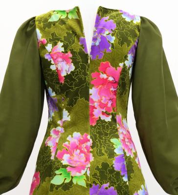 Japan Fabric Long Sleeve Dress with Peony Print / Khaki / JW007ka