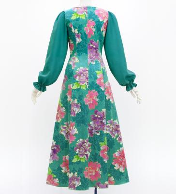 Japan Fabric Long Sleeve Dress with Peony Print / Turquoise Blue / JW007tbl