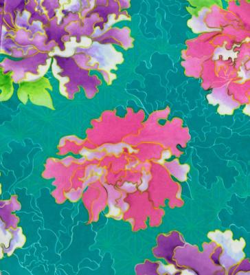 Japan Fabric Long Sleeve Dress with Peony Print / Turquoise Blue / JW007tbl