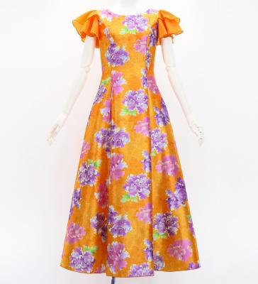Japan Fabric Long Dress with Peony Print / Orange / JW008or