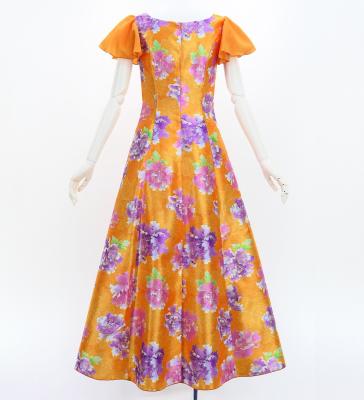 Japan Fabric Long Dress with Peony Print / Orange / JW008or