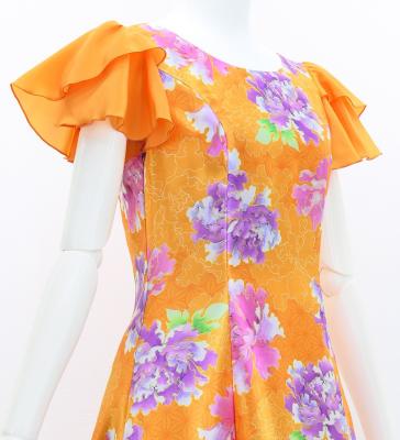 Japan Fabric Long Dress with Peony Print / Orange / JW008or