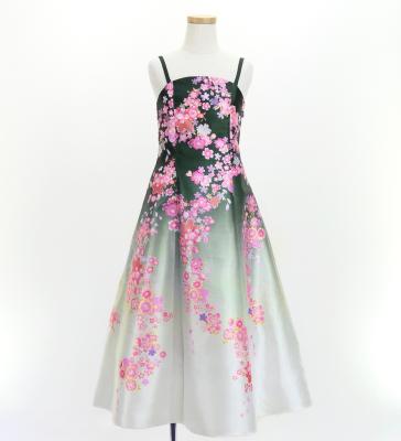 Kids Japan Fabric Long Dress with Cherry Blossom Print / Shantung / Black / JWp001bk