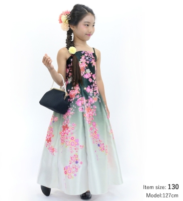 Kids Japan Fabric Long Dress with Cherry Blossom Print / Shantung / Black / JWp001bk