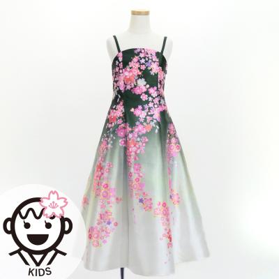Kids Japan Fabric Long Dress with Cherry Blossom Print / Shantung / Black / JWp001bk