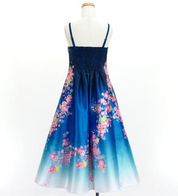 Kids Japan Fabric Long Dress with Cherry Blossom Print / Shantung / Blue / JWp001bl