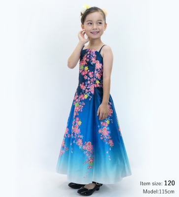 Kids Japan Fabric Long Dress with Cherry Blossom Print / Shantung / Blue / JWp001bl