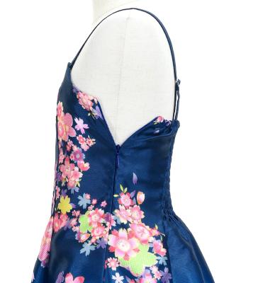 Kids Japan Fabric Long Dress with Cherry Blossom Print / Shantung / Blue / JWp001bl