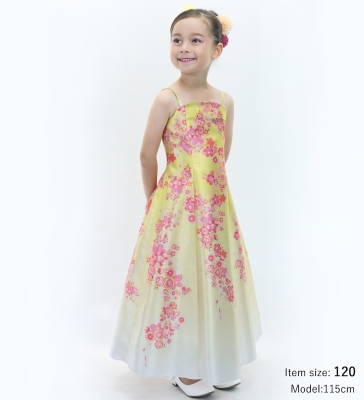 Kids Japan Fabric Long Dress with Cherry Blossom Print / Shantung / Cream Yellow / JWp001crye