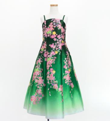 Kids Japan Fabric Long Dress with Cherry Blossom Print / Shantung / Green / JWp001gr