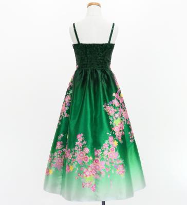 Kids Japan Fabric Long Dress with Cherry Blossom Print / Shantung / Green / JWp001gr