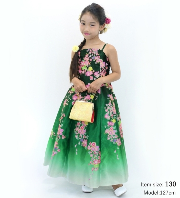 Kids Japan Fabric Long Dress with Cherry Blossom Print / Shantung / Green / JWp001gr