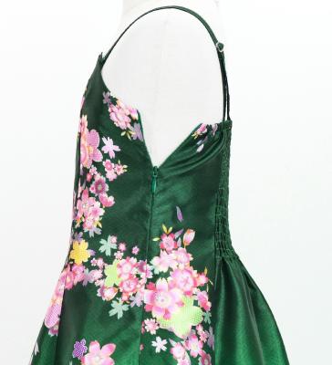 Kids Japan Fabric Long Dress with Cherry Blossom Print / Shantung / Green / JWp001gr