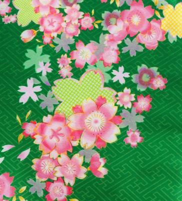 Kids Japan Fabric Long Dress with Cherry Blossom Print / Shantung / Green / JWp001gr