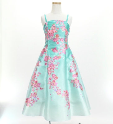 Kids Japan Fabric Long Dress with Cherry Blossom Print / Shantung / Light Blue / JWp001lbl