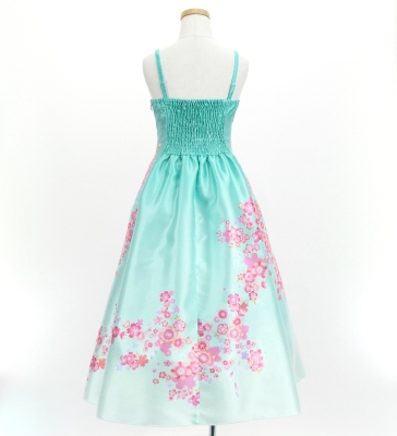 Kids Japan Fabric Long Dress with Cherry Blossom Print / Shantung / Light Blue / JWp001lbl