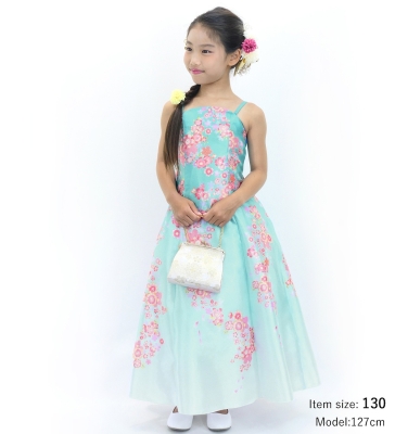 Kids Japan Fabric Long Dress with Cherry Blossom Print / Shantung / Light Blue / JWp001lbl