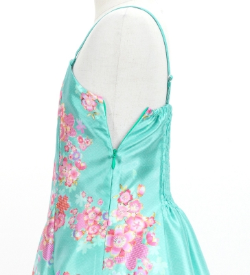 Kids Japan Fabric Long Dress with Cherry Blossom Print / Shantung / Light Blue / JWp001lbl