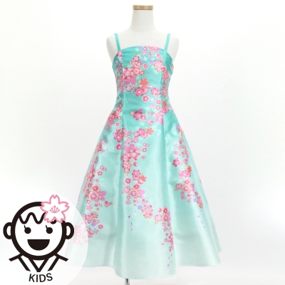 Kids Japan Fabric Long Dress with Cherry Blossom Print / Shantung / Light Blue / JWp001lbl