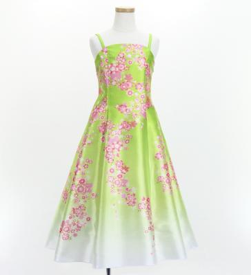 Kids Japan Fabric Long Dress with Cherry Blossom Print / Shantung / Light Green / JWp001lgr