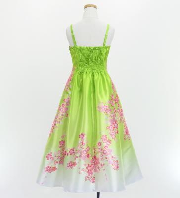 Kids Japan Fabric Long Dress with Cherry Blossom Print / Shantung / Light Green / JWp001lgr