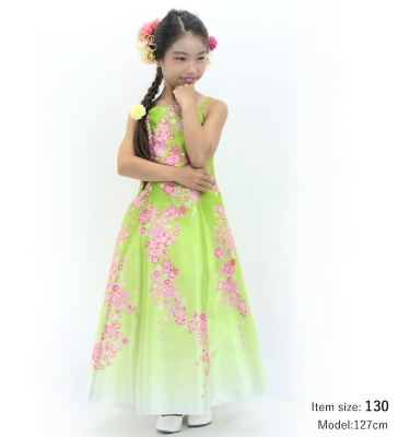 Kids Japan Fabric Long Dress with Cherry Blossom Print / Shantung / Light Green / JWp001lgr