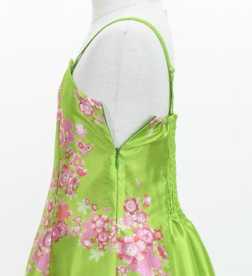 Kids Japan Fabric Long Dress with Cherry Blossom Print / Shantung / Light Green / JWp001lgr